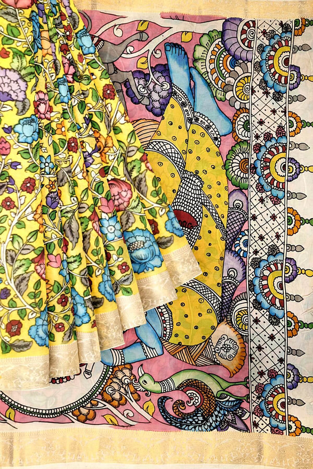 Hand painted Kalamkari on Bangalore silk saree in light yellow