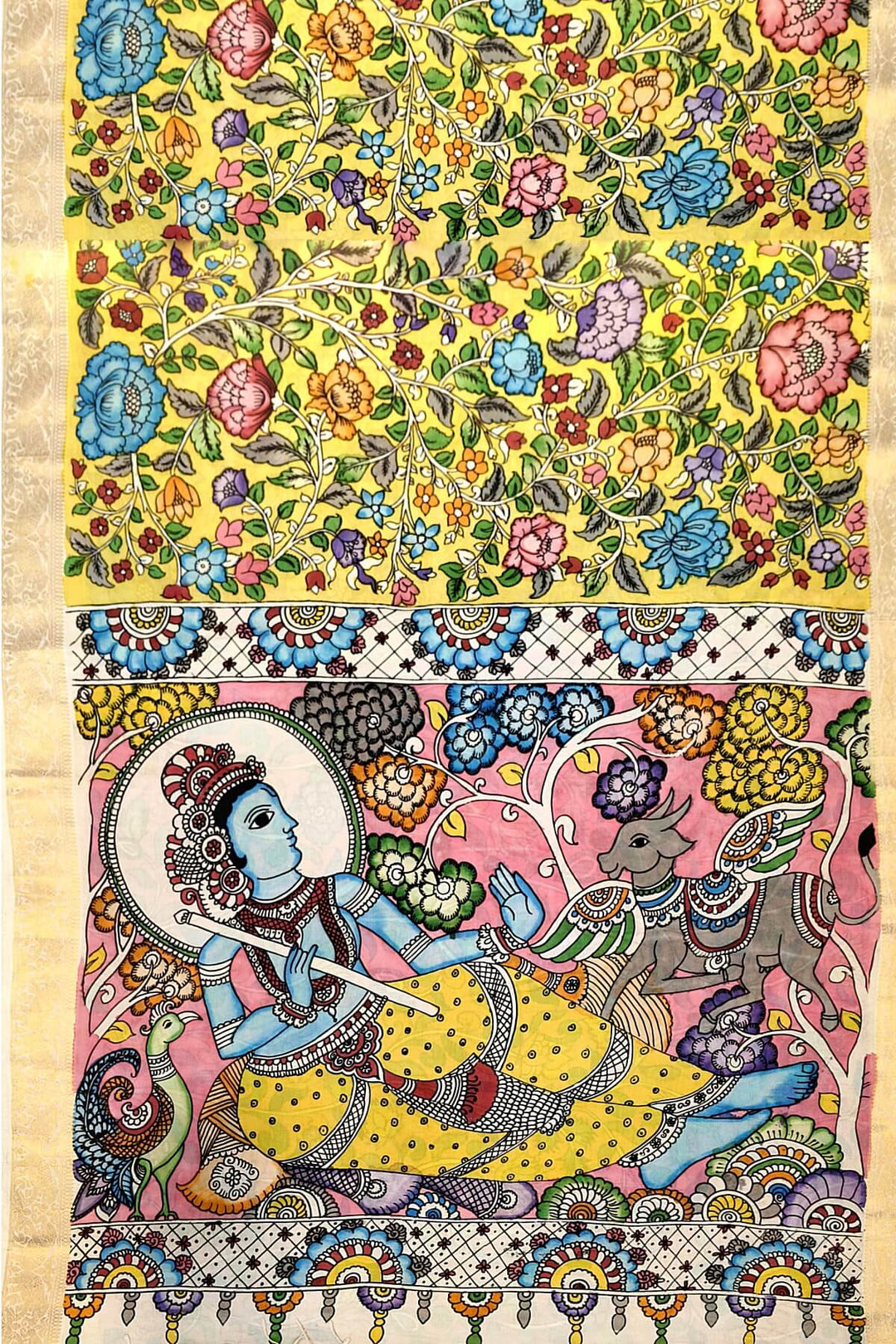 Hand painted Kalamkari on Bangalore silk saree in light yellow