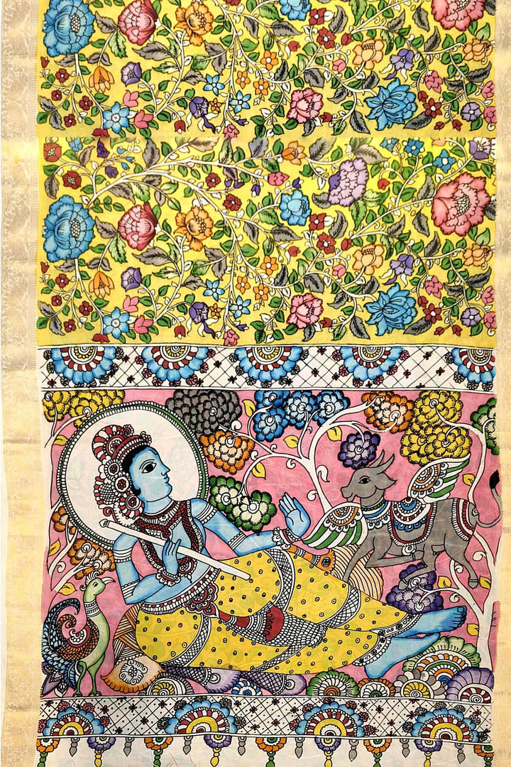 Hand painted Kalamkari on Bangalore silk saree in light yellow