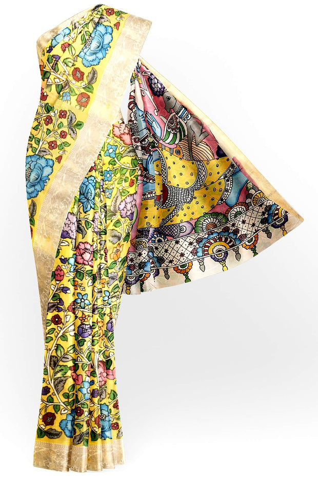 Hand painted Kalamkari on Bangalore silk saree in light yellow