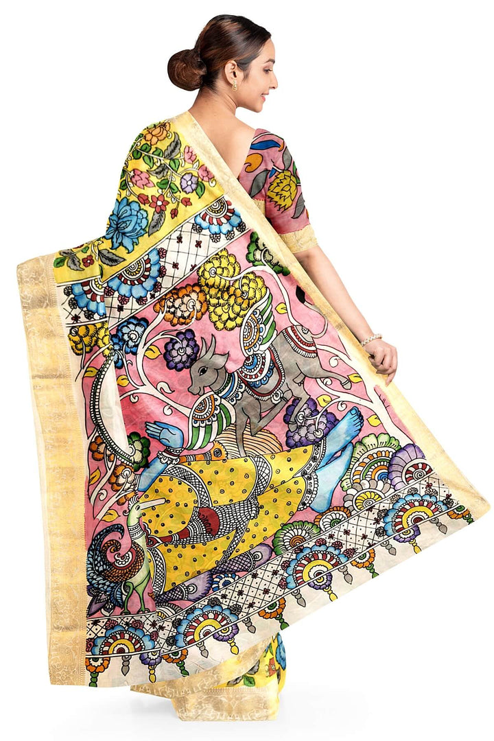 Hand painted Kalamkari on Bangalore silk saree in light yellow