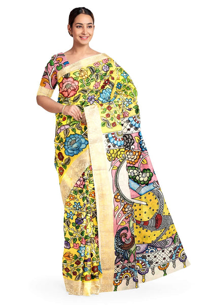Hand painted Kalamkari on Bangalore silk saree in light yellow