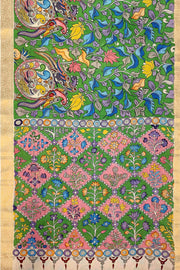 Hand painted Kalamkari on Bangalore silk saree in leaf green