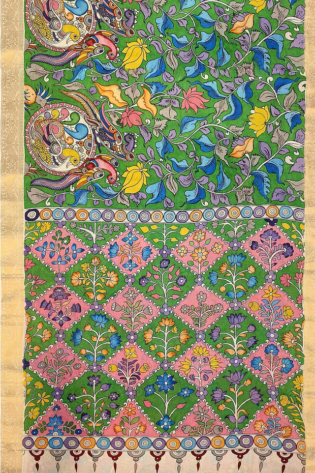 Hand painted Kalamkari on Bangalore silk saree in leaf green