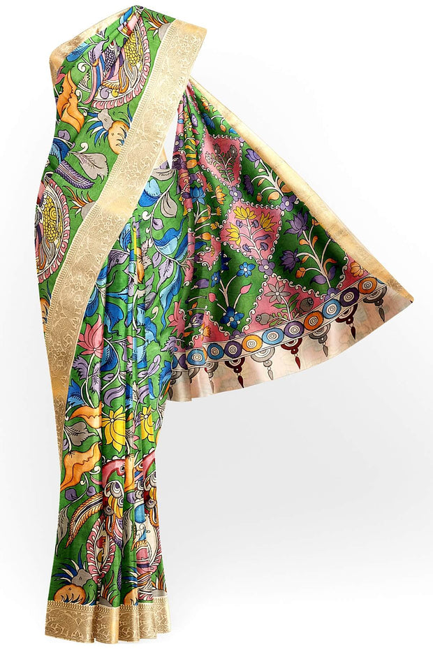Hand painted Kalamkari on Bangalore silk saree in leaf green