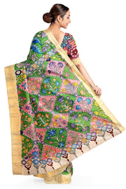 Hand painted Kalamkari on Bangalore silk saree in leaf green