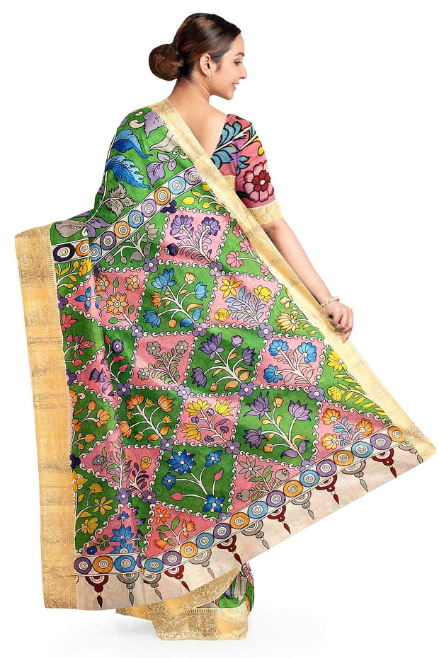 Hand painted Kalamkari on Bangalore silk saree in leaf green