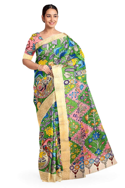 Hand painted Kalamkari on Bangalore silk saree in leaf green