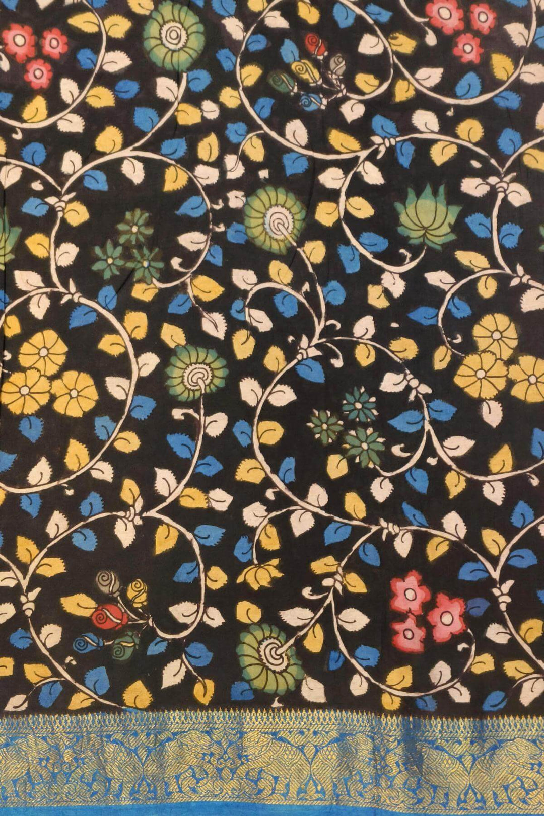 Hand painted Kalamkari on Bangalore silk saree in maroon