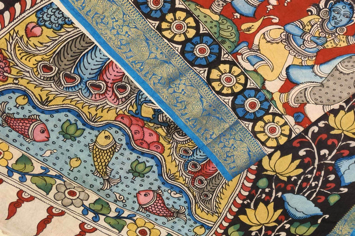 Hand painted Kalamkari on Bangalore silk saree in maroon