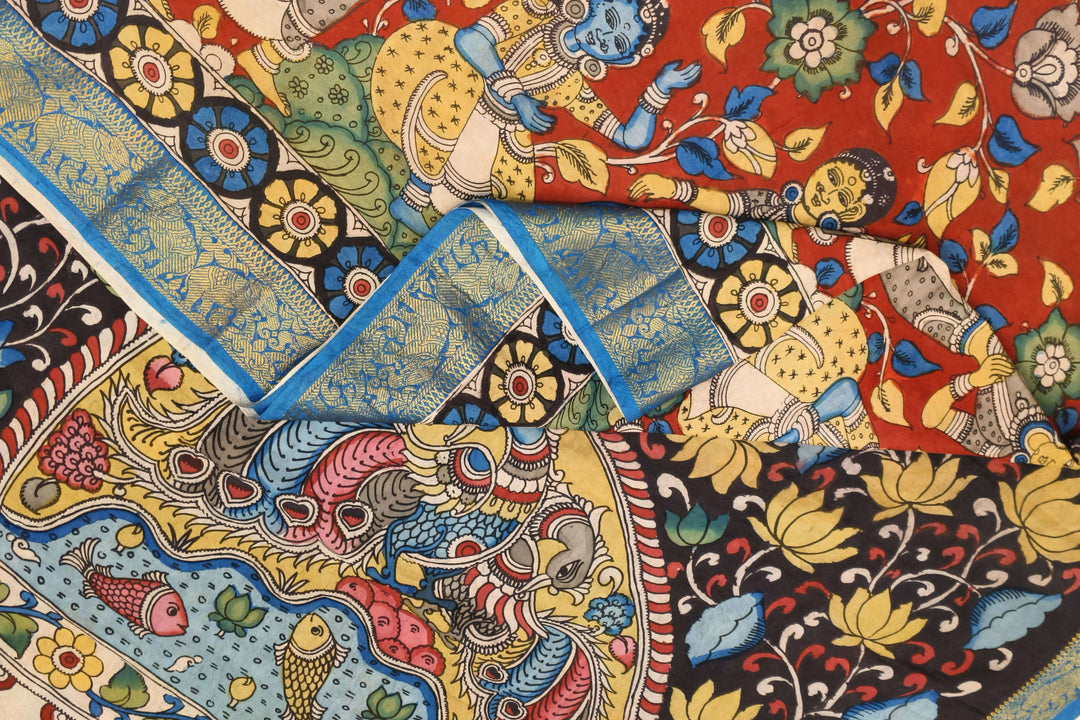 Hand painted Kalamkari on Bangalore silk saree in maroon