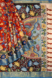 Hand painted Kalamkari on Bangalore silk saree in maroon