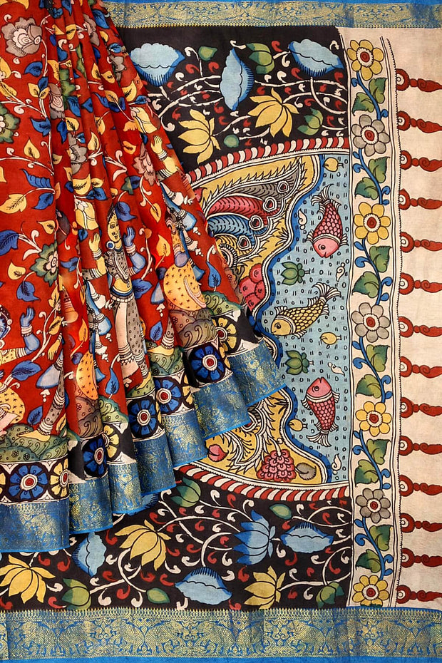 Hand painted Kalamkari on Bangalore silk saree in maroon