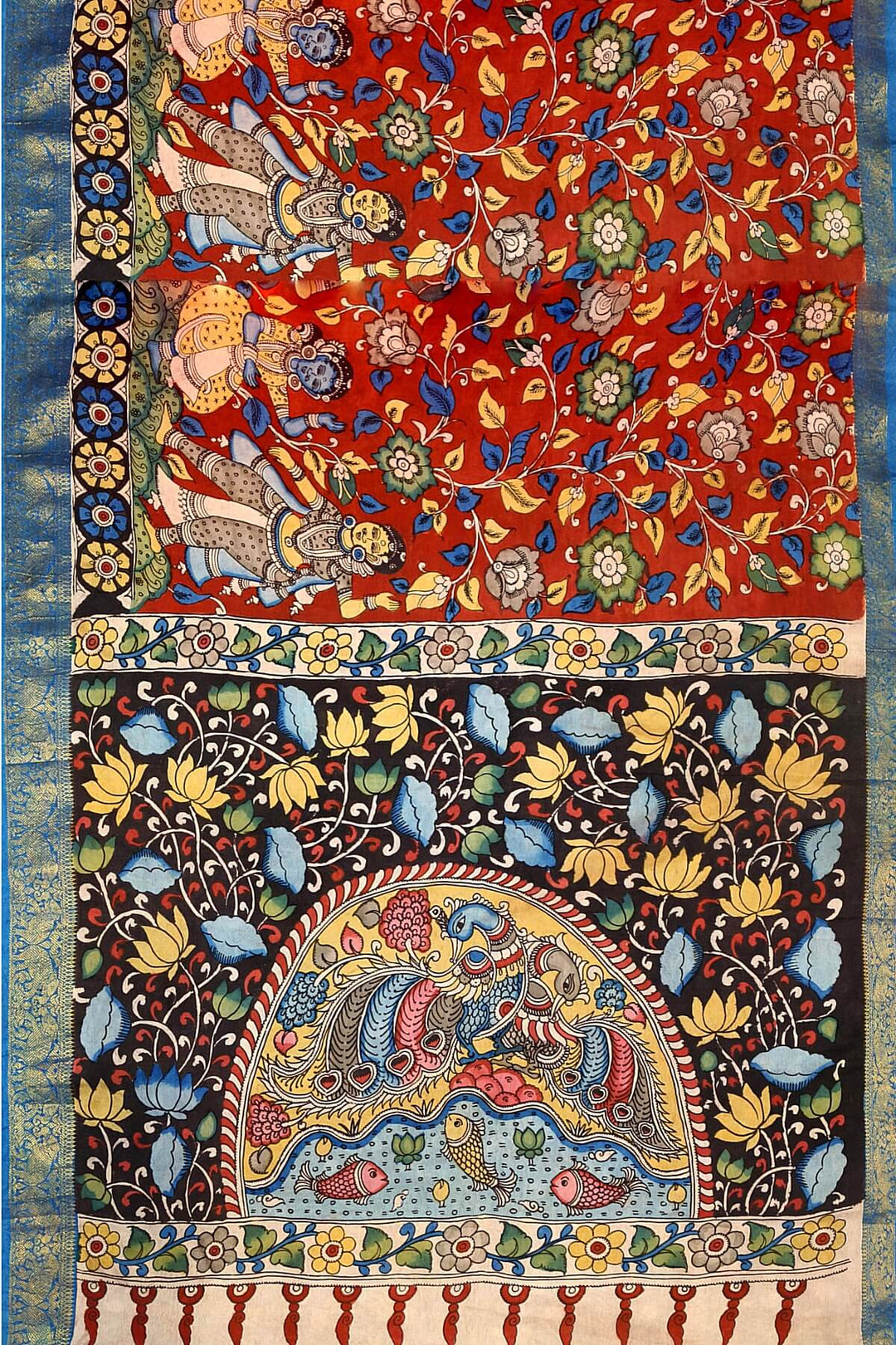 Hand painted Kalamkari on Bangalore silk saree in maroon