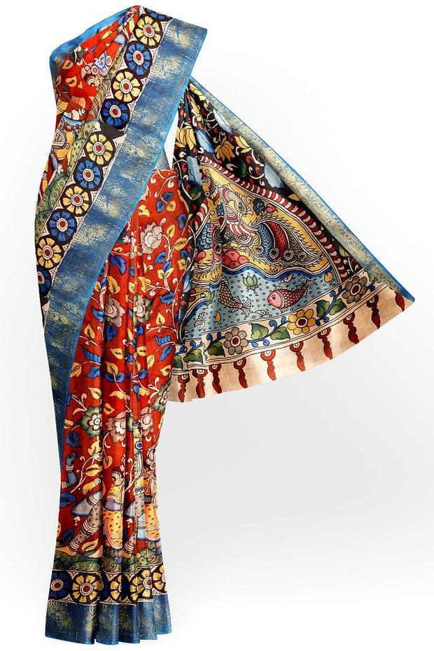 Hand painted Kalamkari on Bangalore silk saree in maroon