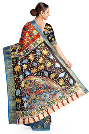 Hand painted Kalamkari on Bangalore silk saree in maroon