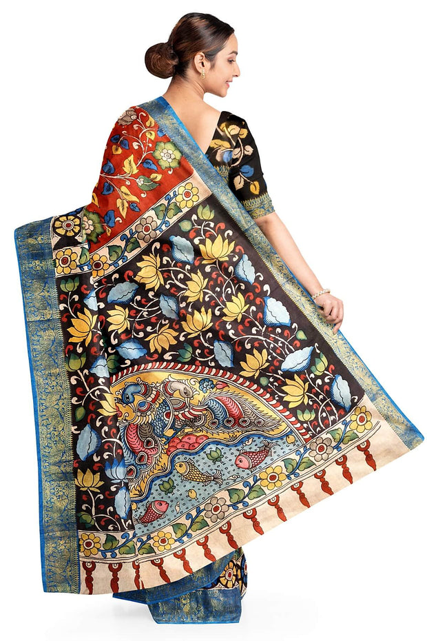 Hand painted Kalamkari on Bangalore silk saree in maroon