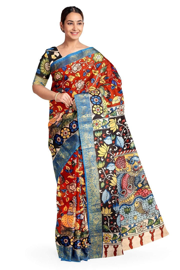 Hand painted Kalamkari on Bangalore silk saree in maroon