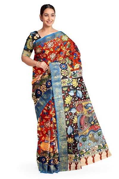 Hand painted Kalamkari on Bangalore silk saree in maroon