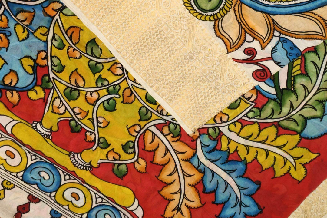 Hand painted Kalamkari on Bangalore silk saree in off white
