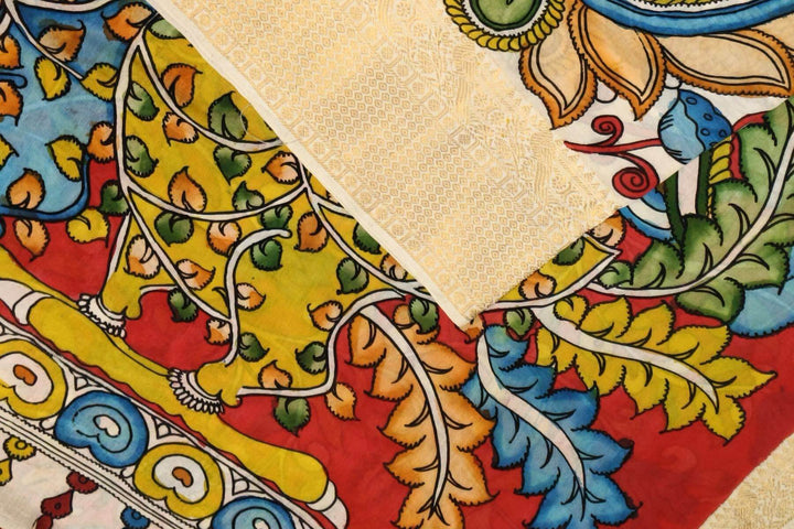 Hand painted Kalamkari on Bangalore silk saree in off white