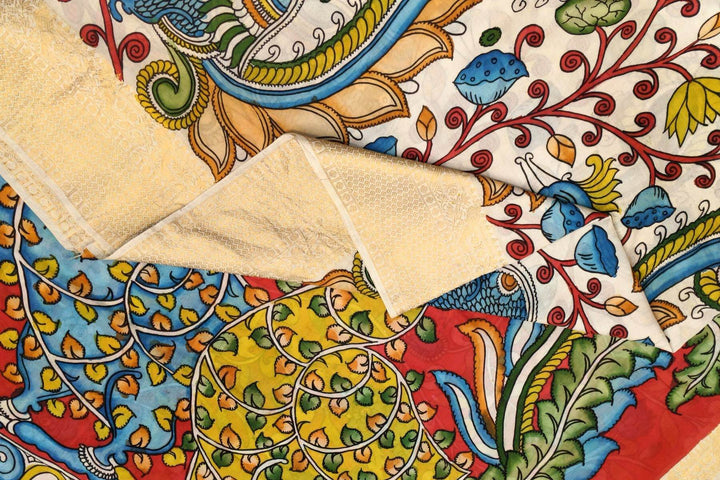 Hand painted Kalamkari on Bangalore silk saree in off white