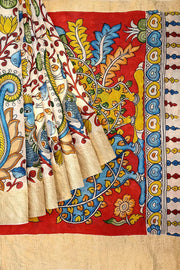 Hand painted Kalamkari on Bangalore silk saree in off white