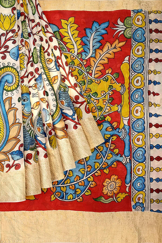 Hand painted Kalamkari on Bangalore silk saree in off white