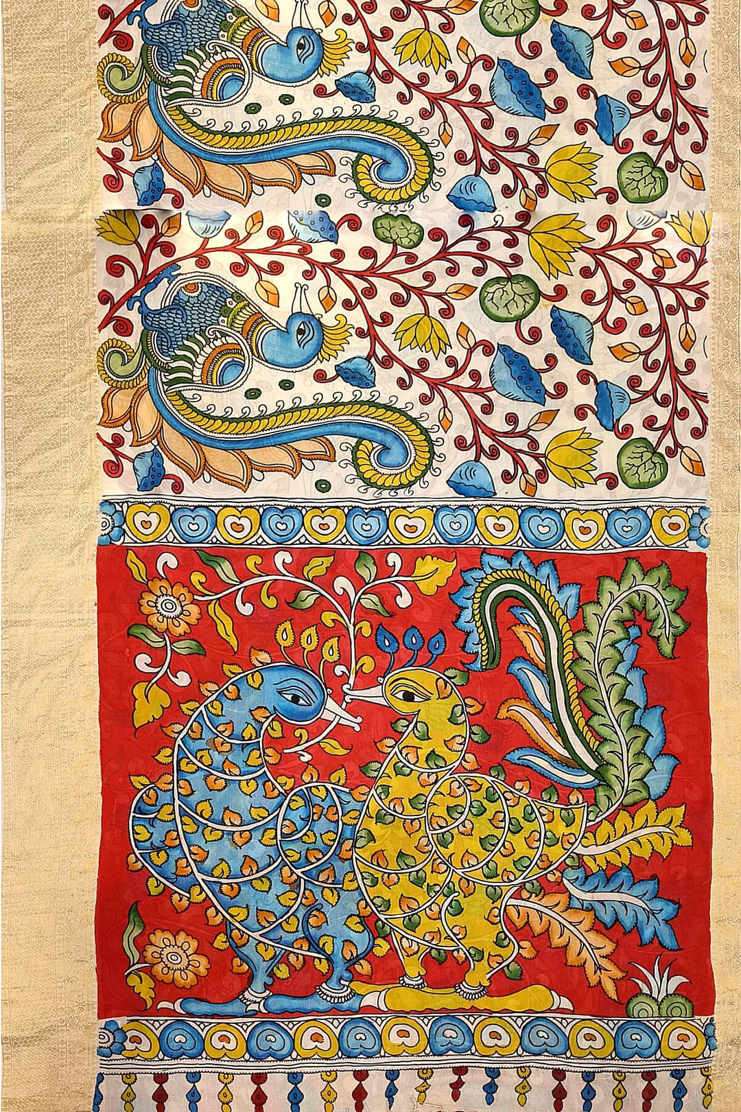 Hand painted Kalamkari on Bangalore silk saree in off white