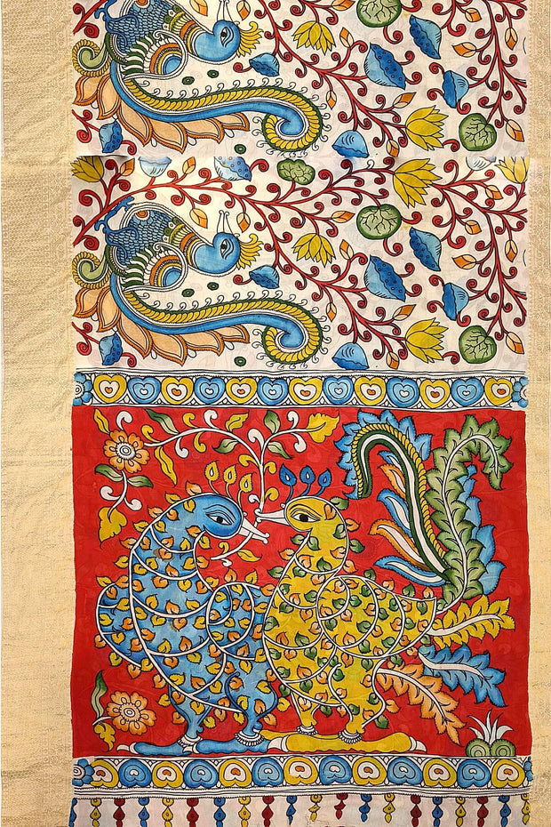 Hand painted Kalamkari on Bangalore silk saree in off white