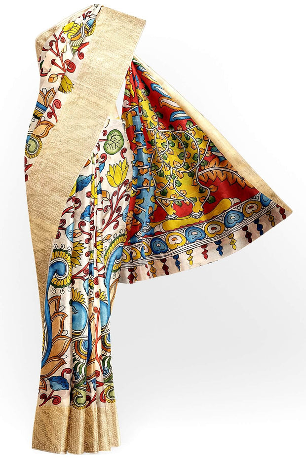 Hand painted Kalamkari on Bangalore silk saree in off white