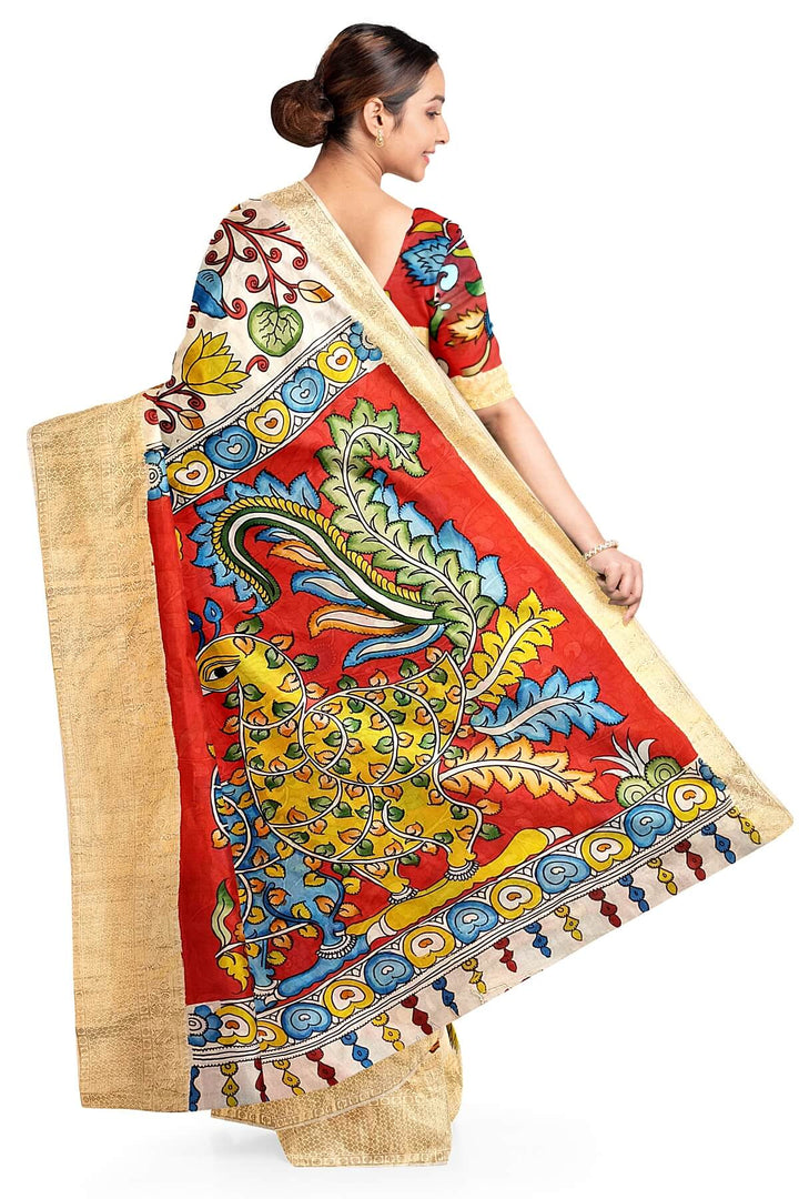 Hand painted Kalamkari on Bangalore silk saree in off white