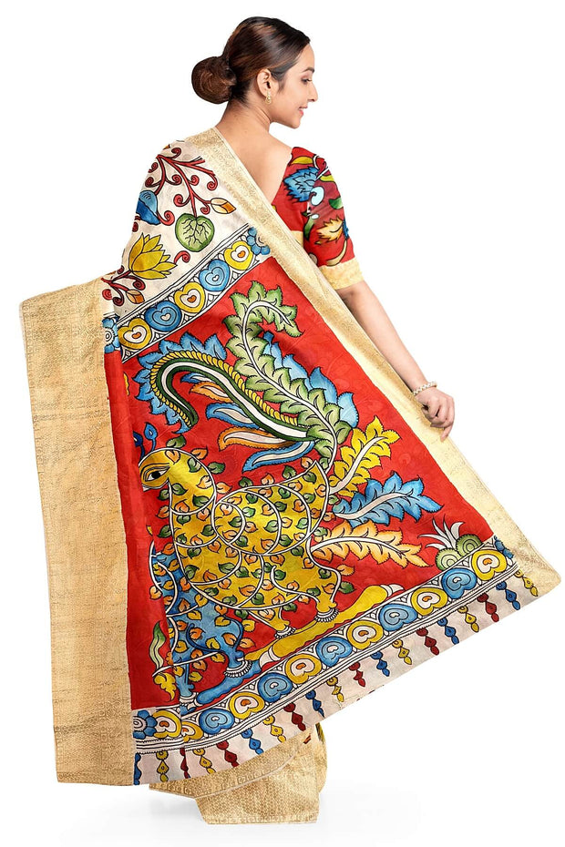Hand painted Kalamkari on Bangalore silk saree in off white