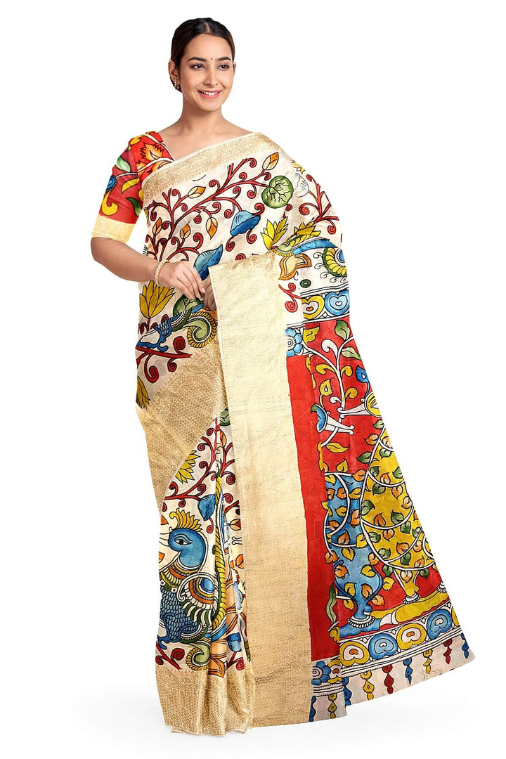 Hand painted Kalamkari on Bangalore silk saree in off white