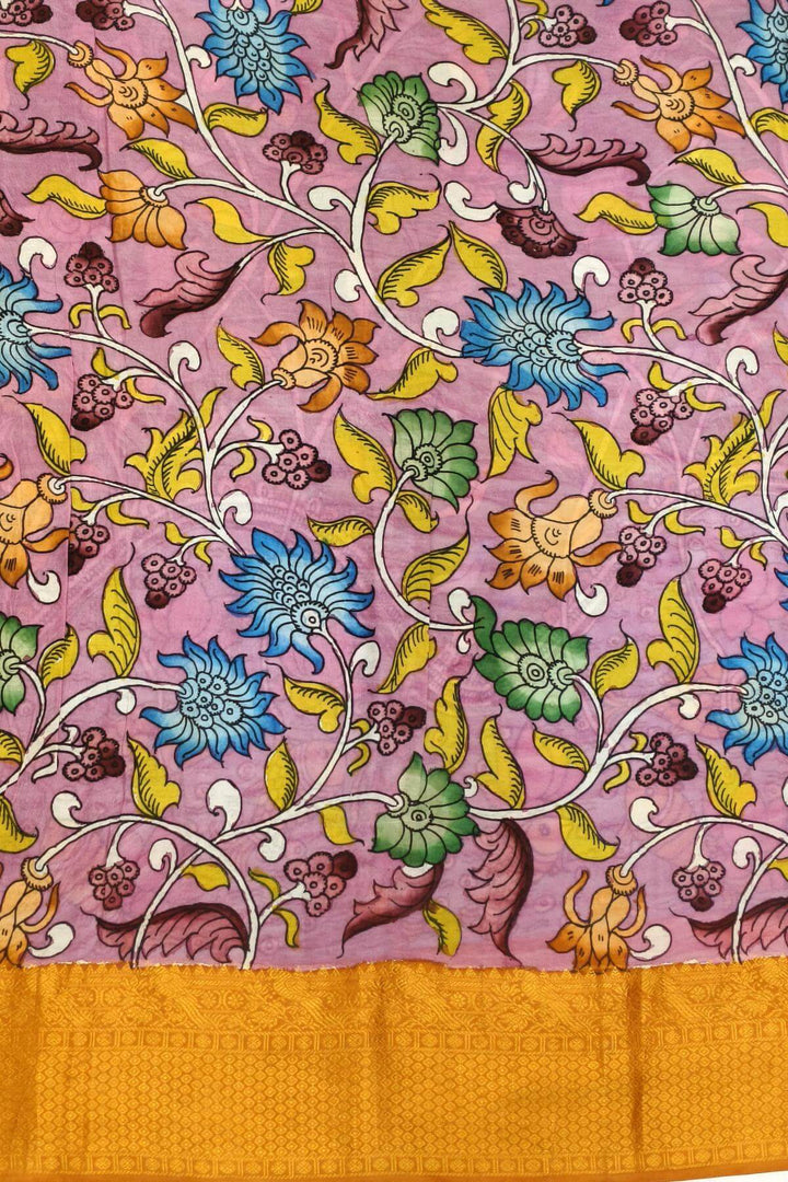 Hand painted Kalamkari on Bangalore silk saree in mehndi green