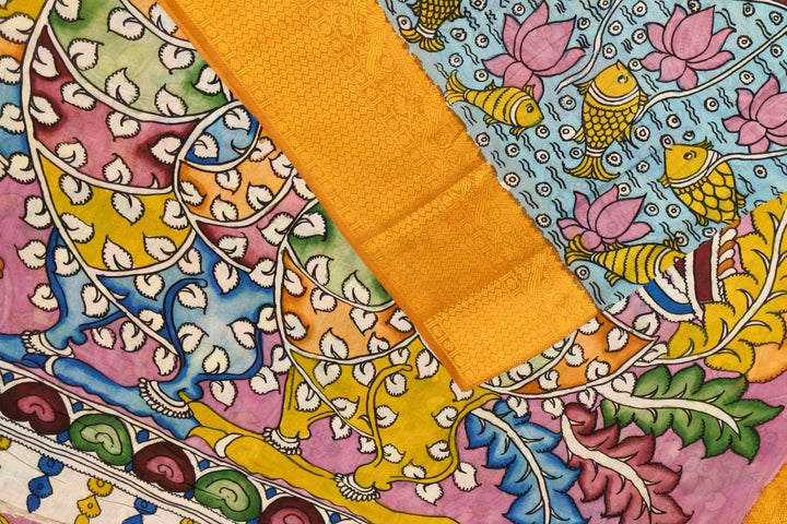Hand painted Kalamkari on Bangalore silk saree in mehndi green