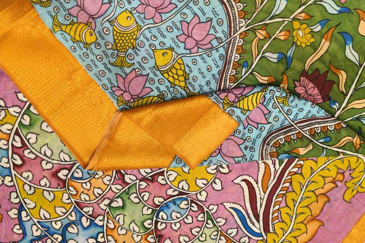 Hand painted Kalamkari on Bangalore silk saree in mehndi green