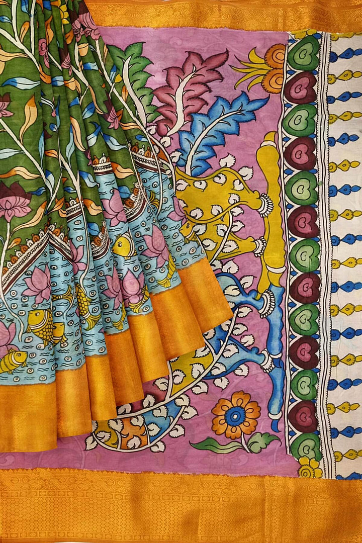 Hand painted Kalamkari on Bangalore silk saree in mehndi green