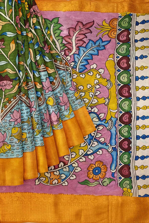 Hand painted Kalamkari on Bangalore silk saree in mehndi green