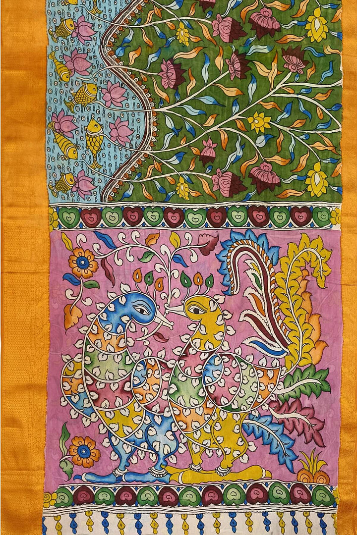Hand painted Kalamkari on Bangalore silk saree in mehndi green