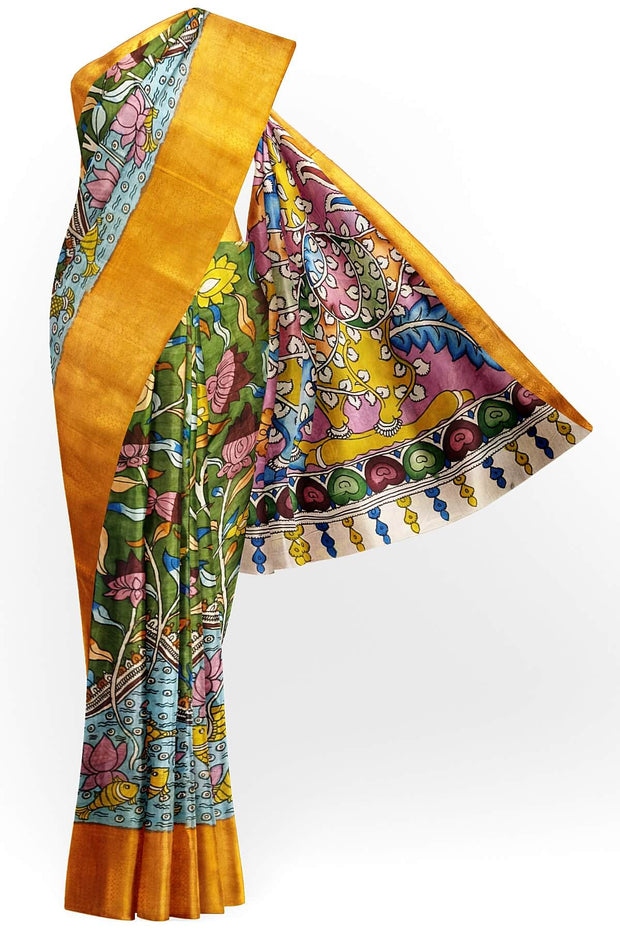 Hand painted Kalamkari on Bangalore silk saree in mehndi green