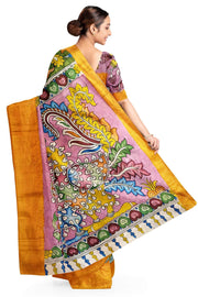 Hand painted Kalamkari on Bangalore silk saree in mehndi green