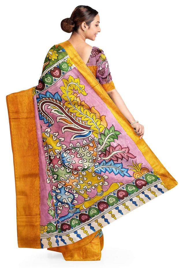 Hand painted Kalamkari on Bangalore silk saree in mehndi green