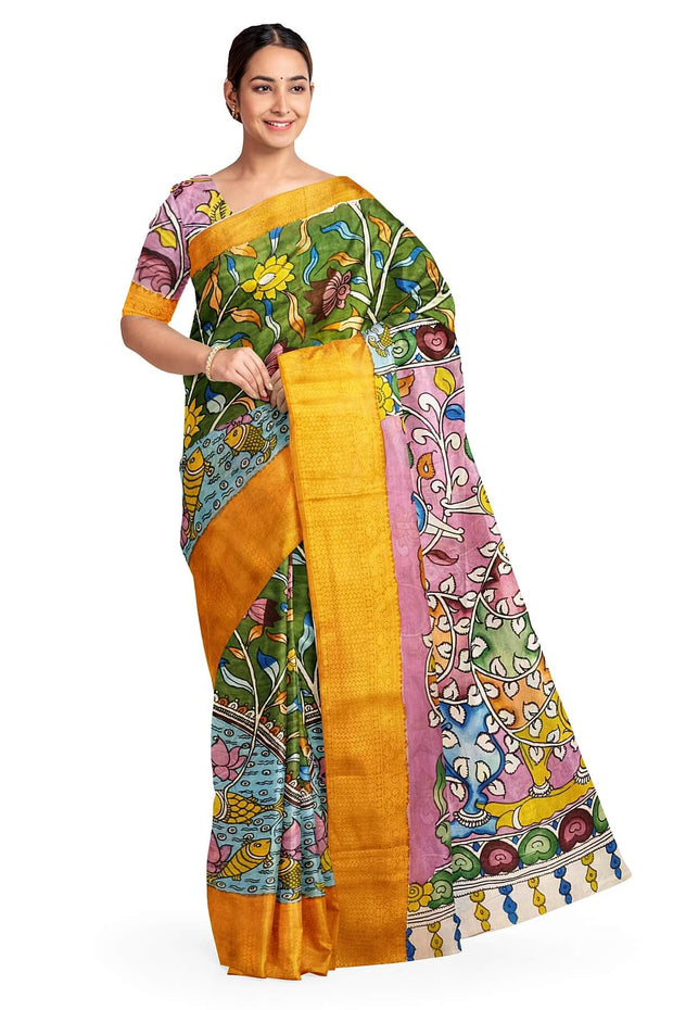 Hand painted Kalamkari on Bangalore silk saree in mehndi green