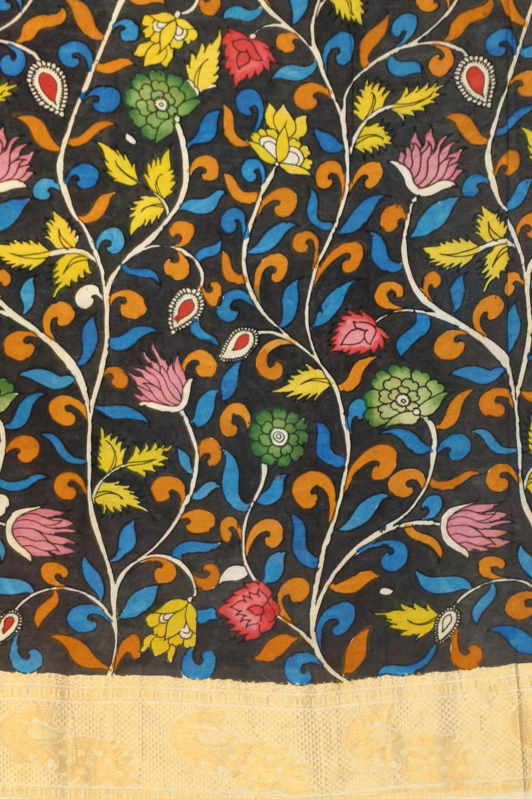 Hand painted Kalamkari on Bangalore silk saree in orange