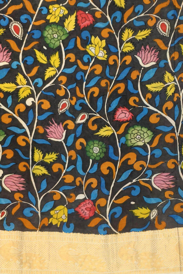 Hand painted Kalamkari on Bangalore silk saree in orange
