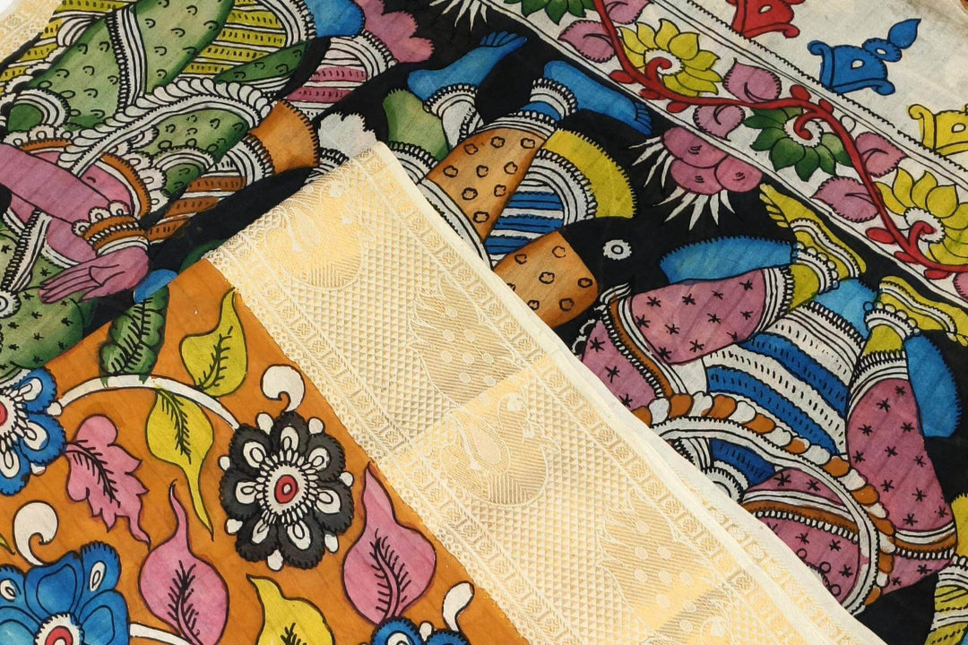 Hand painted Kalamkari on Bangalore silk saree in orange