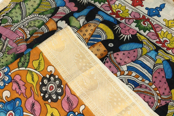 Hand painted Kalamkari on Bangalore silk saree in orange