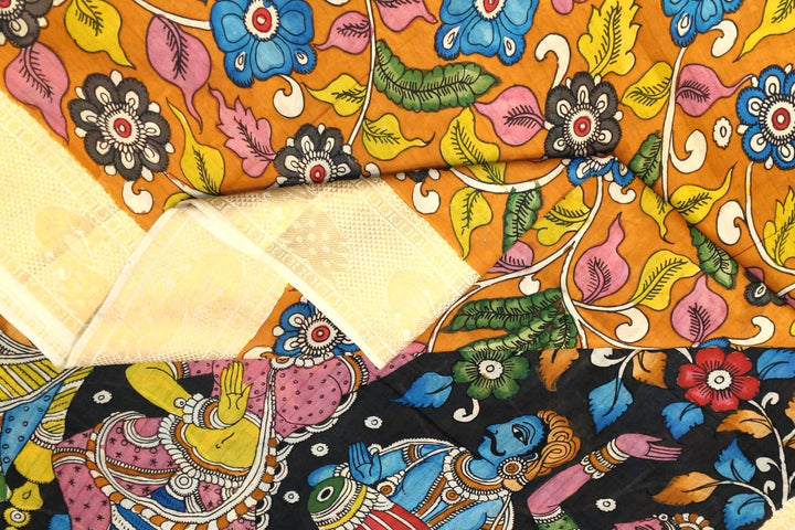 Hand painted Kalamkari on Bangalore silk saree in orange