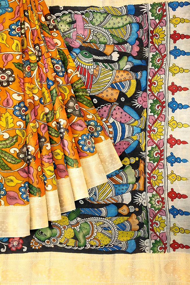 Hand painted Kalamkari on Bangalore silk saree in orange